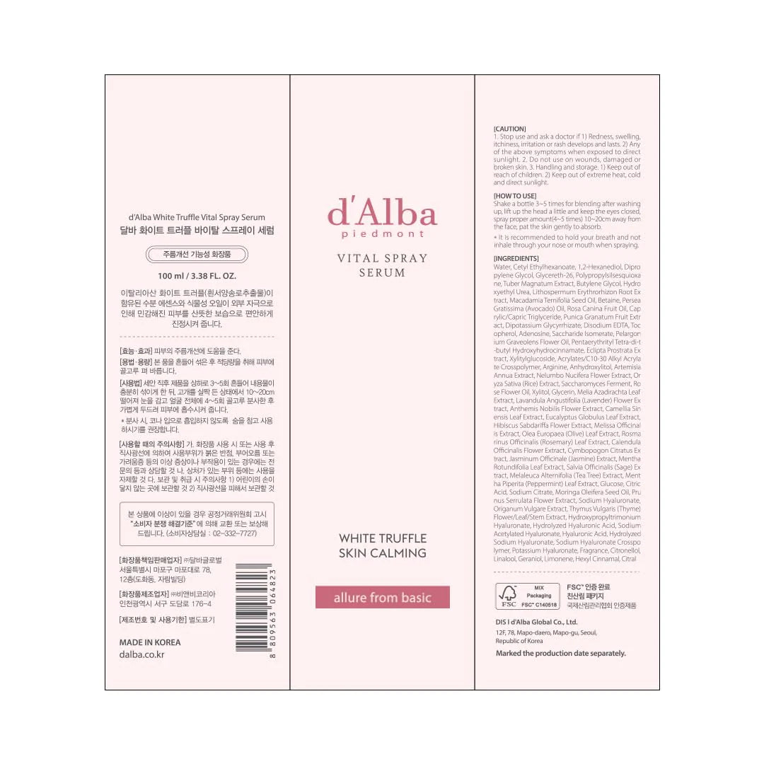 d'Alba White Truffle Vital Spray Serum: Anti-Aging Firming Mist (100ml)