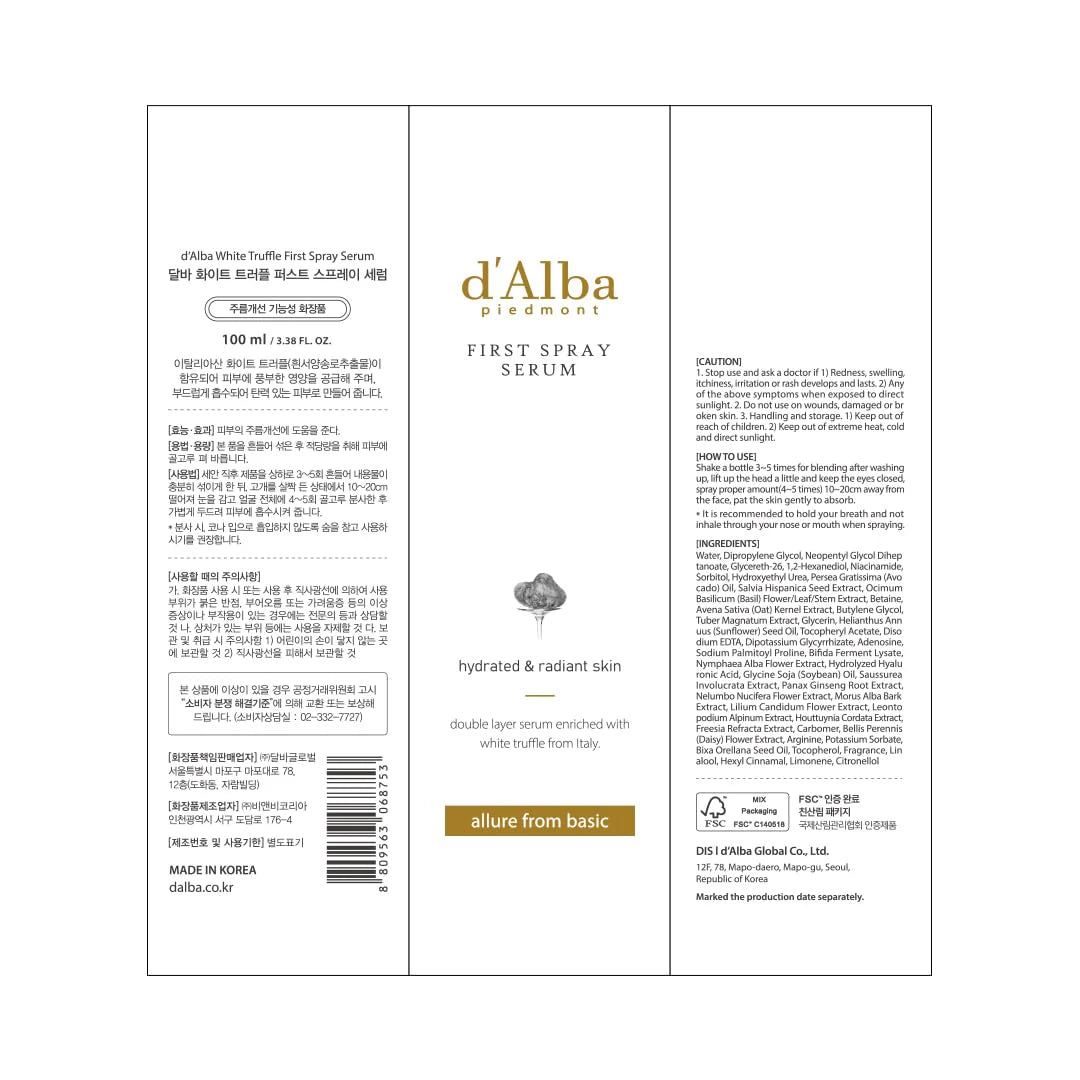 d'Alba White Truffle First Spray Serum: Vegan Hydration & Glow Mist (100ml)