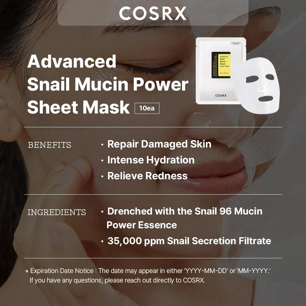 COSRX Advanced Snail Mucin Power Sheet Mask: Repair & Hydration (10 Pcs)